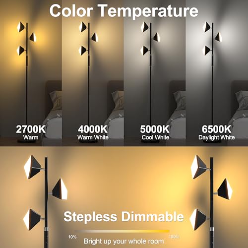 PARTPHONER RGB Tree Floor Lamp for Living Room, Stepless Dimmable Tall Standing Lamp with Remote, Touch Control and 3 Rotatable Light, Bright LED Lights for Bedroom with 4 Color-Changing, Black - Image 4