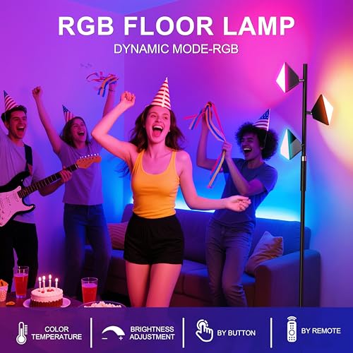 PARTPHONER RGB Tree Floor Lamp for Living Room, Stepless Dimmable Tall Standing Lamp with Remote, Touch Control and 3 Rotatable Light, Bright LED Lights for Bedroom with 4 Color-Changing, Black - Image 2