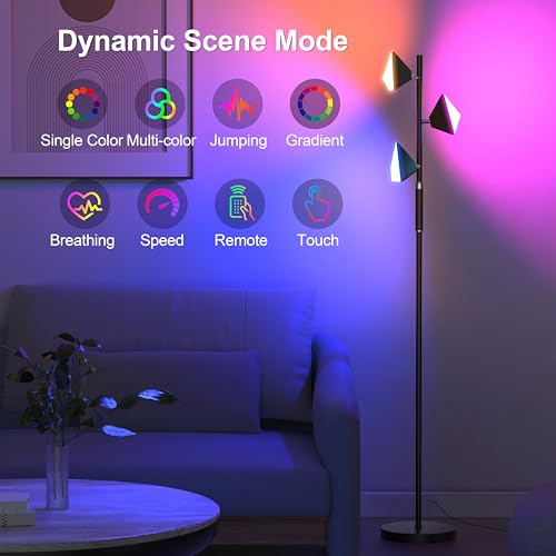 PARTPHONER RGB Tree Floor Lamp for Living Room, Stepless Dimmable Tall Standing Lamp with Remote, Touch Control and 3 Rotatable Light, Bright LED Lights for Bedroom with 4 Color-Changing, Black - Image 3