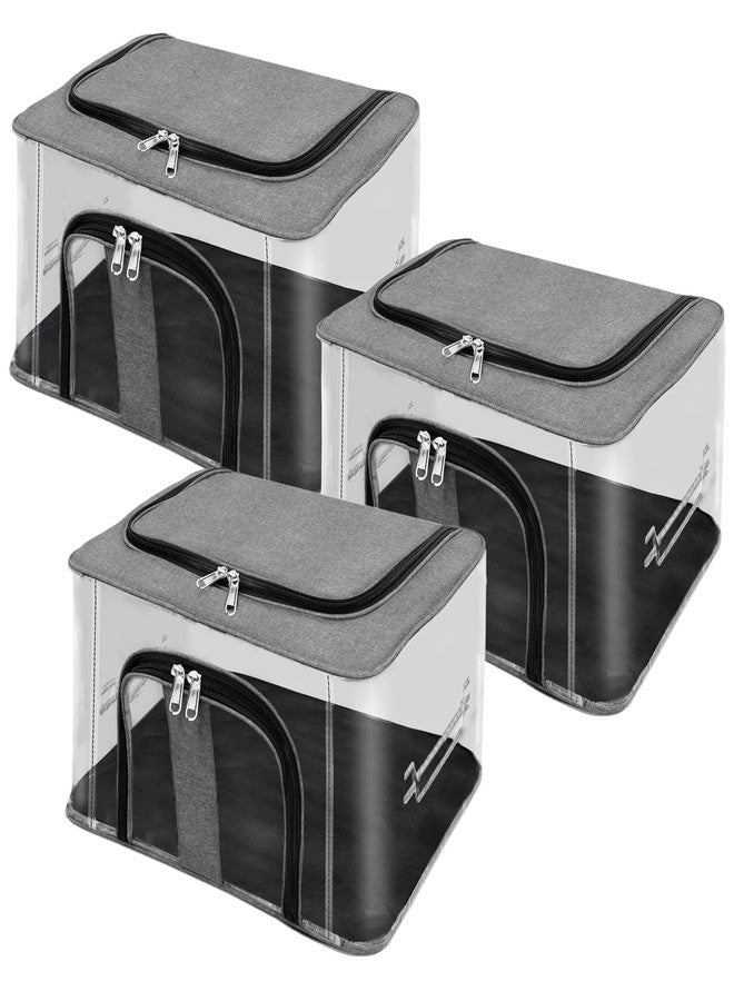 LSARIMO PVC Transparent Storage Bag | Foldable Clothes Storage Organizer Box with Transparent Window & Zipper | Large Capacity Storage Bag for Sarees, Shirts, Trousers & Bedsheets (Pack of 3) - Image 1