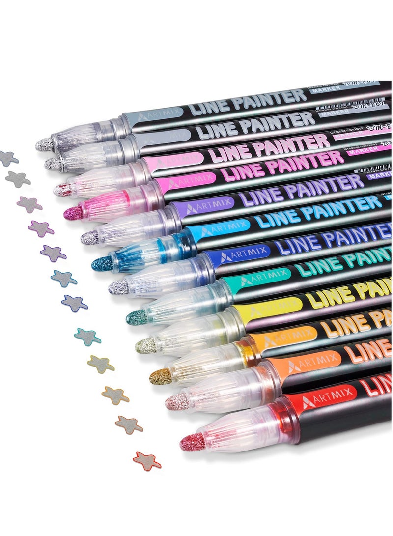 KASTWAVE Double Line Outline Pens - 12 Colors Self Outline Metallic Markers Double Line Pen, Outline Markers Pens for Art, Drawing, Greeting Cards, Craft Projects, Posters, Painting, Journal - Image 1