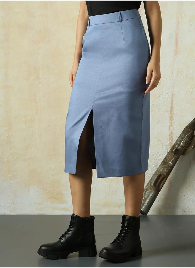هاي ستار Solid A-Line Skirt with Front Slit Detail