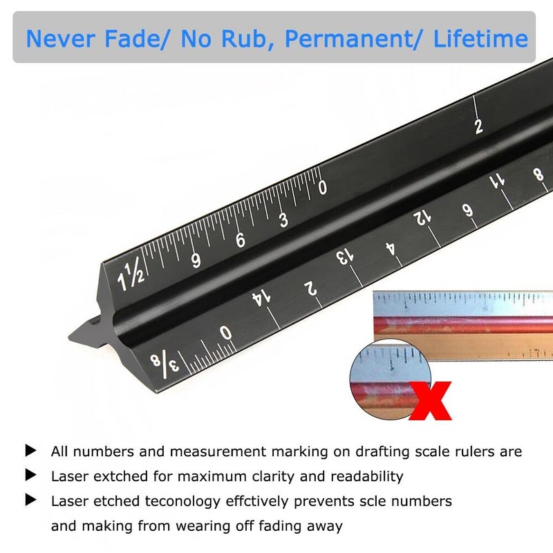 Soraco 12" Aluminum Triangular Architect Scale Ruler â€“ Laser-Etched Imperial Measurements â€“ Durable Black Anodized Finish â€“ Ideal for Architects, Engineers, Draftsmen, and Students(Black) - Image 4