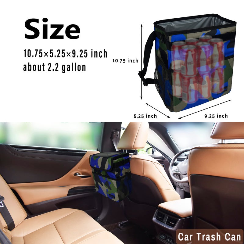 SIBOFUEGO Cute Car Trash Can with Lid â€“ Multipurpose Collapsible Trash Bin for Car, Leak-Proof Organizer, Waterproof Garbage Can with Storage Pockets & Adjustable Straps, 2 Gallons (Camo Blue) - Image 4