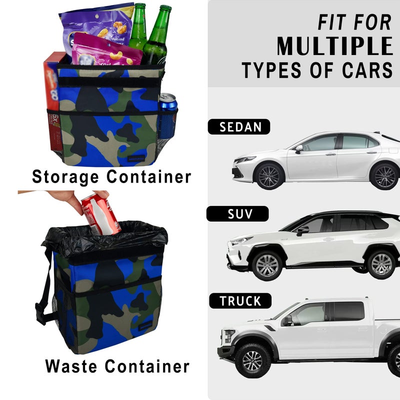 SIBOFUEGO Cute Car Trash Can with Lid â€“ Multipurpose Collapsible Trash Bin for Car, Leak-Proof Organizer, Waterproof Garbage Can with Storage Pockets & Adjustable Straps, 2 Gallons (Camo Blue) - Image 3