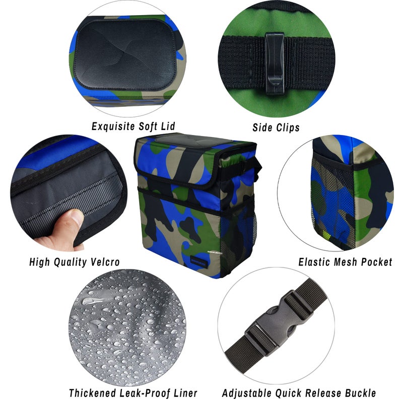 SIBOFUEGO Cute Car Trash Can with Lid â€“ Multipurpose Collapsible Trash Bin for Car, Leak-Proof Organizer, Waterproof Garbage Can with Storage Pockets & Adjustable Straps, 2 Gallons (Camo Blue) - Image 5
