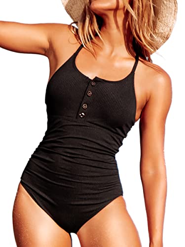 Summer Mae Ribbed One Piece Swimsuits for Women Button up Swimwear Tummy Control Retro Bathing Suits Black Large - Image 1