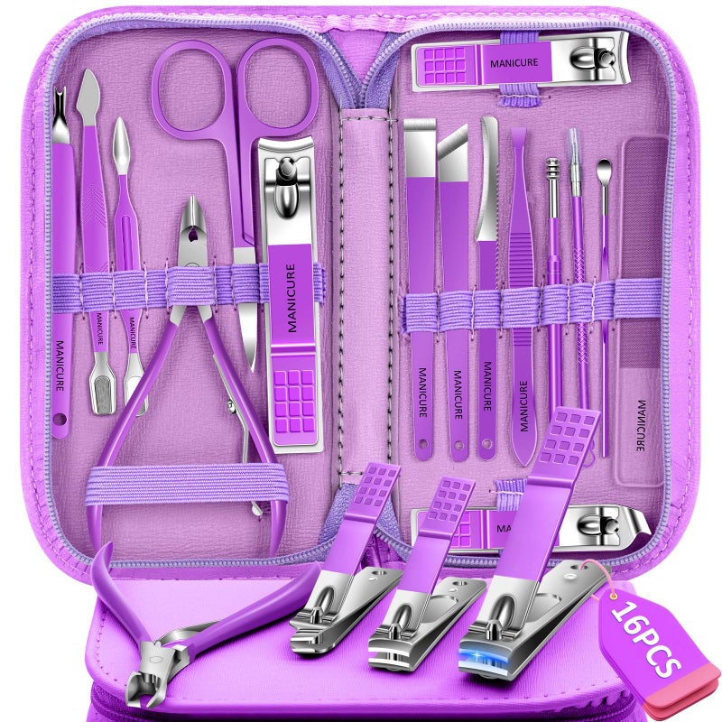 BLESWIN Manicure Set 16Pcs Professional Stainless Steel Pedicure Kit Mens Grooming Kit Fingernail & Toenail Clippers Set Manicure Kit with Luxurious Travel Bag, Sharp Nail Scissors and Clipper (Purple)