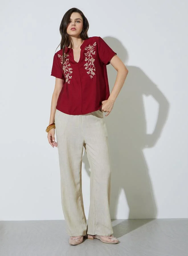 تايك تو Burgundy Embroidered Short Sleeve Blouse