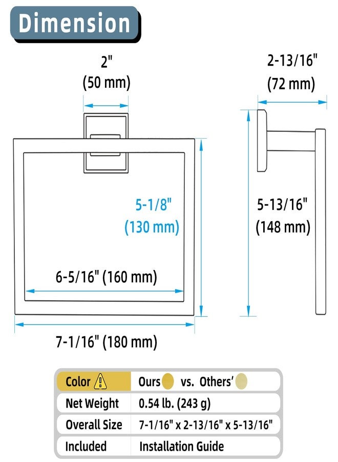 Angle Simple حامل منشفة يد بسيط بزاوية بلون ذهبي نحاسي عميق، حلقة منشفة مربعة من الفولاذ المقاوم للصدأ SUS 304 لجدار الحمام، 7.09 بوصة - Image 2
