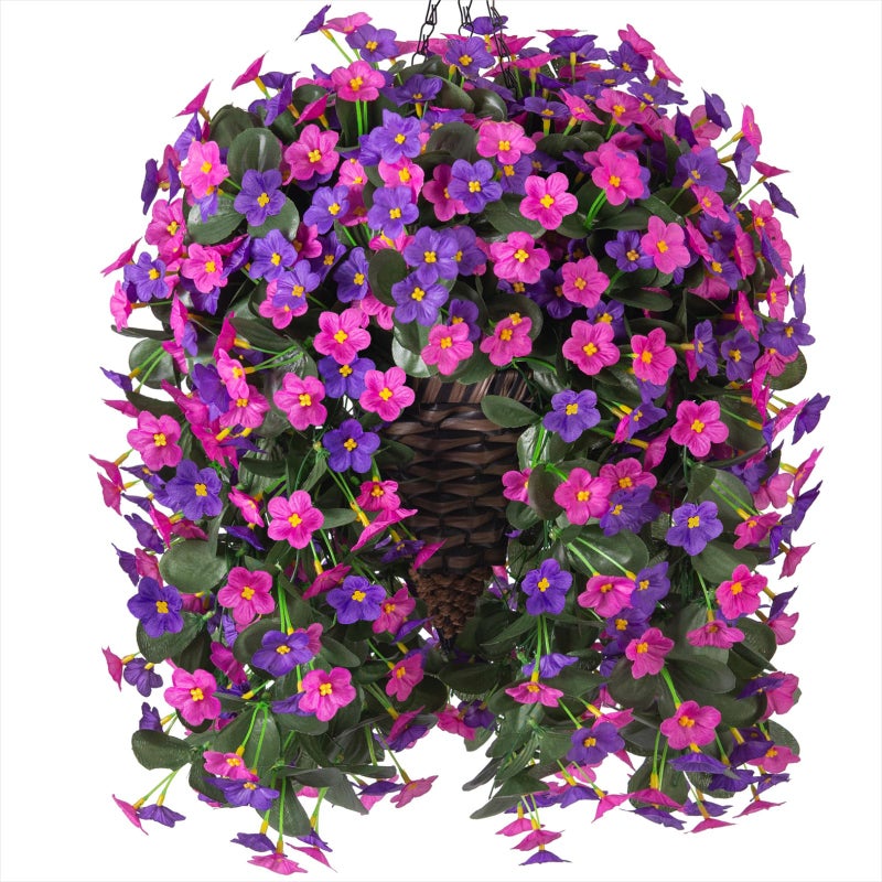 HyeFlora Artificial Fake Hanging Flowers with Basket for Outdoor Decoration,UV Resistant Faux Silk Daisy Flowers Dark Purple and Fuchsia Orchid Vines in Planter Realistic Hanging Baskets for Home Porch Garden - Image 1