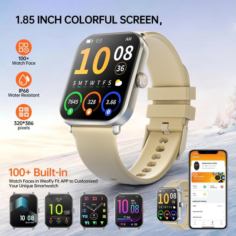 Weofly Active2 Smart Watch with 1.85" HD Touch Screen - Fitness Tracker for Men and Women, IP68 Waterproof, 100+ Sport Modes, Heart Rate, Blood Oxygen, and Sleep Monitor (Gold) - Image 2