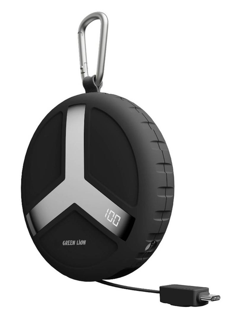 Green Lion Orbit Charge 10000mAh Power Bank with 70cm Retractable Type-C Cable & Digital Display, Type-C Port, Fast Charge, Built-in Emergency Flashlight, Portable Carabiner - Black - Image 1