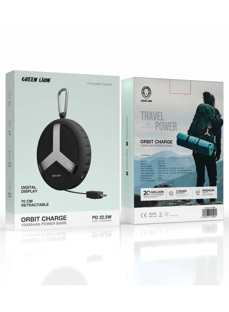 Green Lion Orbit Charge 10000mAh Power Bank with 70cm Retractable Type-C Cable & Digital Display, Type-C Port, Fast Charge, Built-in Emergency Flashlight, Portable Carabiner - Black - Image 2