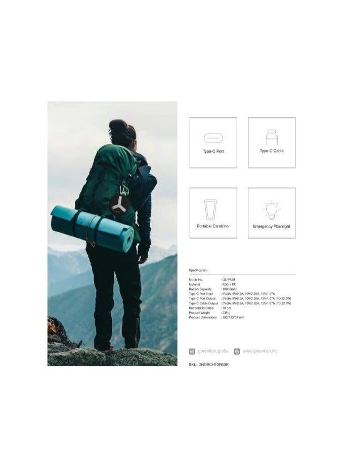 Green Lion Orbit Charge 10000mAh Power Bank with 70cm Retractable Type-C Cable & Digital Display, Type-C Port, Fast Charge, Built-in Emergency Flashlight, Portable Carabiner - Black - Image 5