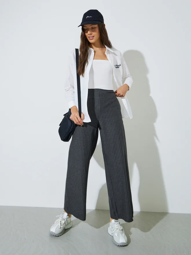 Styli Styli Charcoal Pinstripe Wide Leg Pants