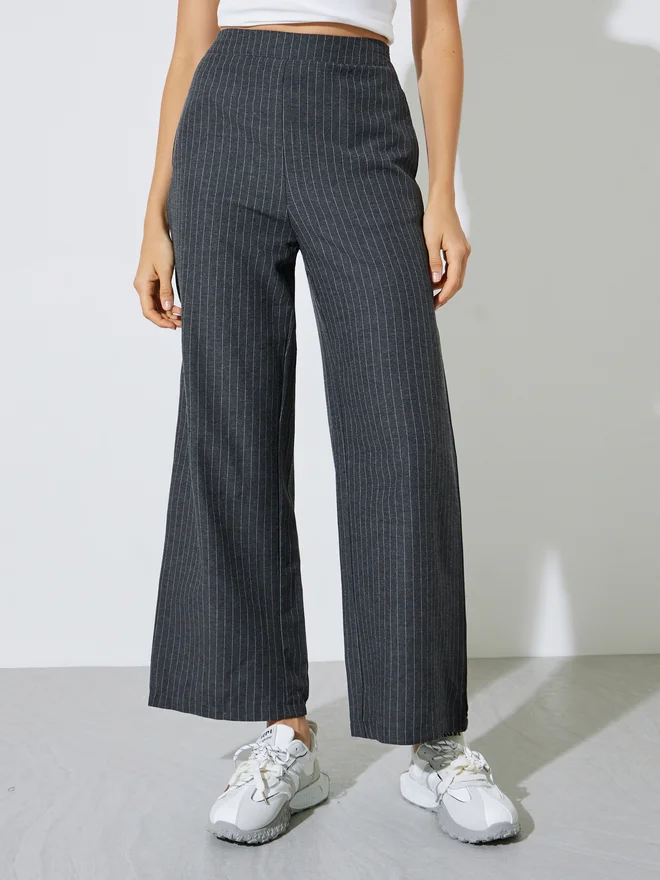 Styli Styli Charcoal Pinstripe Wide Leg Pants
