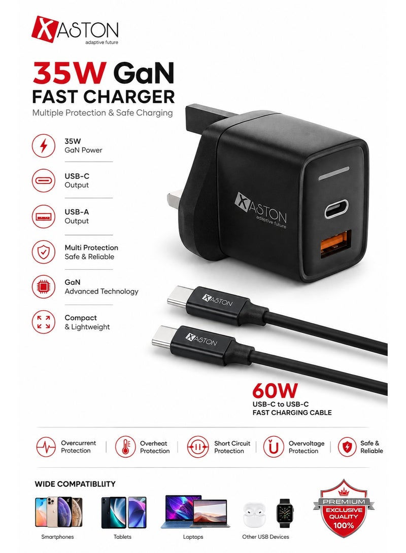 Xaston NHC25 35W GaN Dual Port Fast Charger (USB-C PD + USB-A QC 3.0) - UK Plug - Image 1
