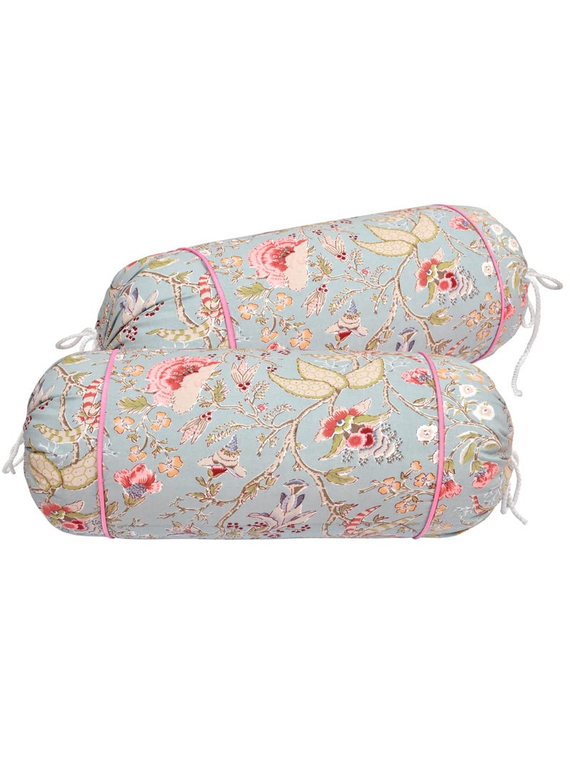 Clasiko® Cotton Bolster Covers; Set of 2; 220 TC; Grey Flowers & Green Leaves; 30x15 Inches; 42098 - Image 3