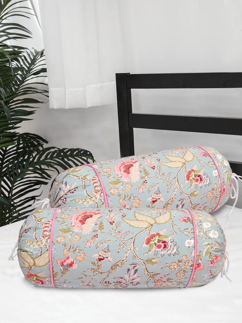 Clasiko® Cotton Bolster Covers; Set of 2; 220 TC; Grey Flowers & Green Leaves; 30x15 Inches; 42098 - Image 1