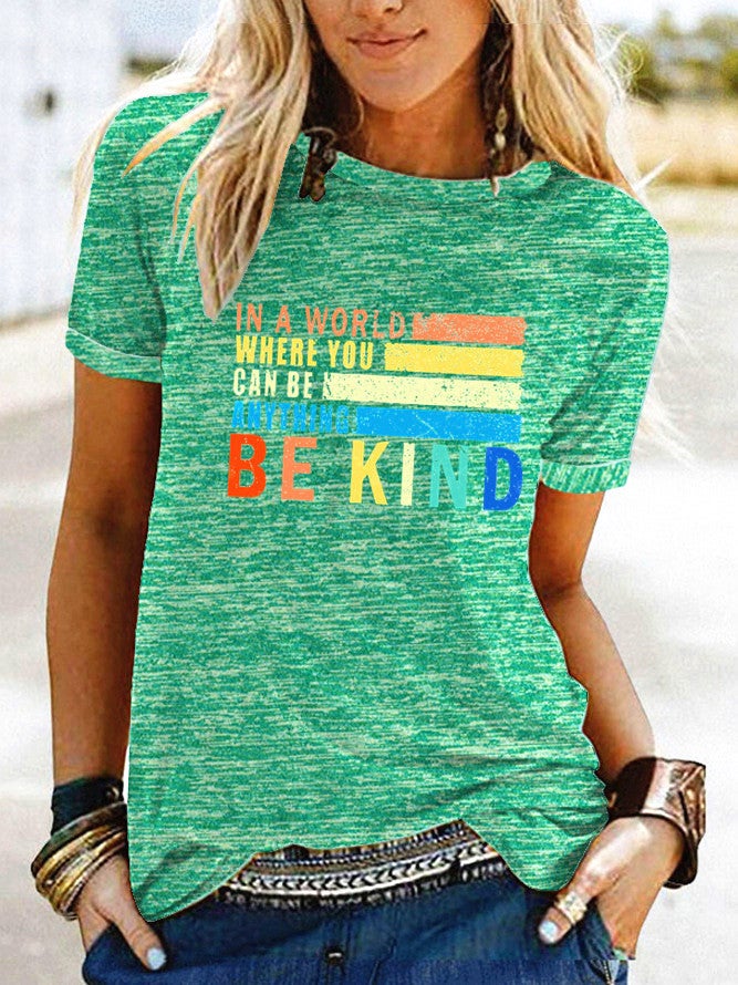 wish be kind pattern printed contrast short sleeve t-shirt for women - Image 1