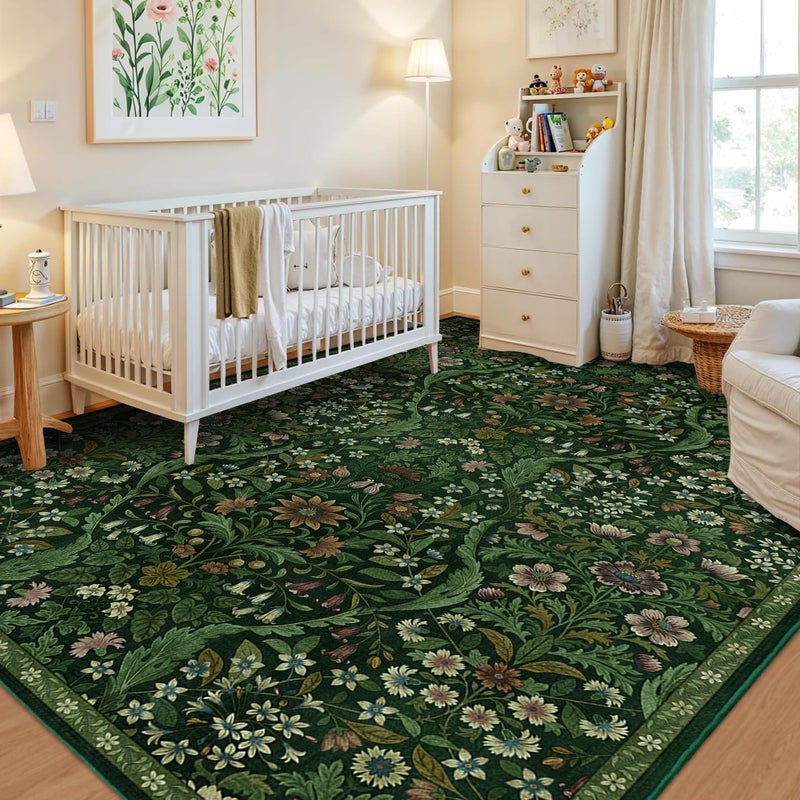 NakedCloud 5Ã—7 Dark Green Washable Floral Area Rug,Vintage Boho Soft Low-Pile Living Room Rugs, Stain Resistant Botanical Non-Slip Carpet for Bedroom,Dining Room, Kids Nursery,Home Decor - Image 5