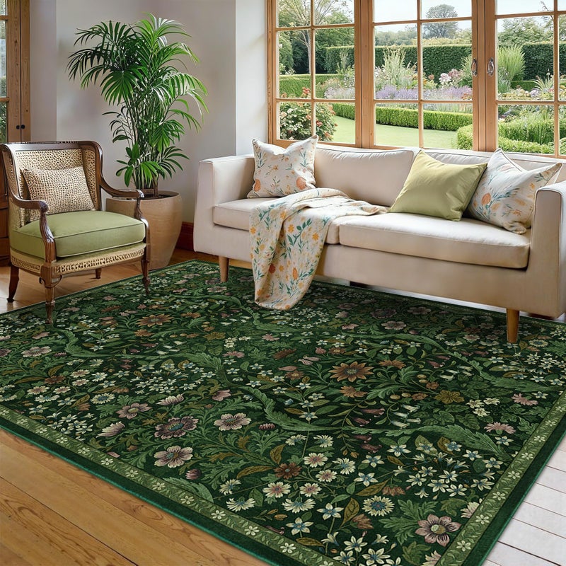 NakedCloud 5Ã—7 Dark Green Washable Floral Area Rug,Vintage Boho Soft Low-Pile Living Room Rugs, Stain Resistant Botanical Non-Slip Carpet for Bedroom,Dining Room, Kids Nursery,Home Decor - Image 3