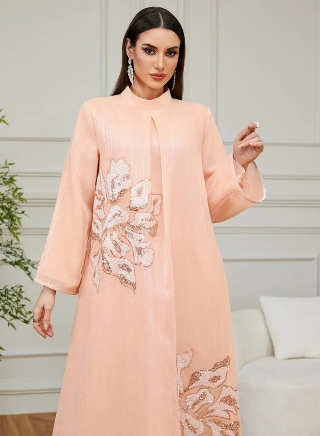 Take Two Pink Pink Textured Floral Embellished A-Line Jalabiya for Women | Best Price UAE
