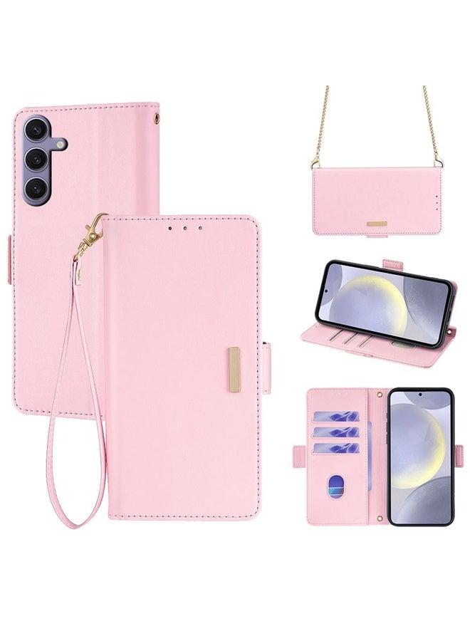 BURAQ Case Cover For Samsung Galaxy A55 5G Crossbody Chain Leather Phone Case(Pink) - Image 1