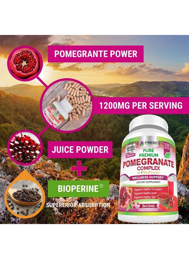 FRESH HEALTHCARE - Premium Pomegranate Juice Powder Supplement 1200mg, Supports Healthy Blood Pressure, Joints, Skin & Anti Aging with Bioperine Black Pepper, Powerful Antioxidant with Vitamin C & K, 120 Vegan Capsules - Image 1