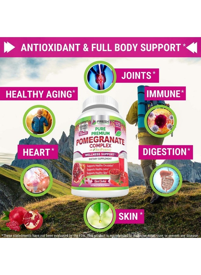 FRESH HEALTHCARE - Premium Pomegranate Juice Powder Supplement 1200mg, Supports Healthy Blood Pressure, Joints, Skin & Anti Aging with Bioperine Black Pepper, Powerful Antioxidant with Vitamin C & K, 120 Vegan Capsules - Image 1