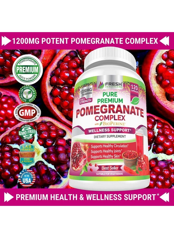 FRESH HEALTHCARE - Premium Pomegranate Juice Powder Supplement 1200mg, Supports Healthy Blood Pressure, Joints, Skin & Anti Aging with Bioperine Black Pepper, Powerful Antioxidant with Vitamin C & K, 120 Vegan Capsules - Image 1