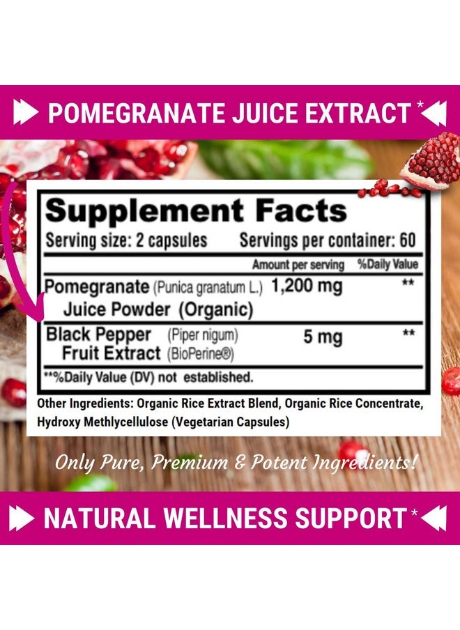 FRESH HEALTHCARE - Premium Pomegranate Juice Powder Supplement 1200mg, Supports Healthy Blood Pressure, Joints, Skin & Anti Aging with Bioperine Black Pepper, Powerful Antioxidant with Vitamin C & K, 120 Vegan Capsules - Image 1