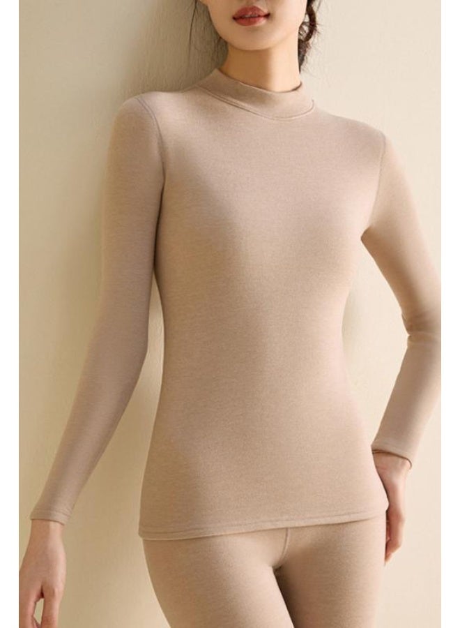 NIBEMINENT Warm Fleece Lined Wool Silk Women's Autumn Winter Thermal Underwear Tight Fit Comfortable Inner Wear Long Sleeve round Neck - Image 1