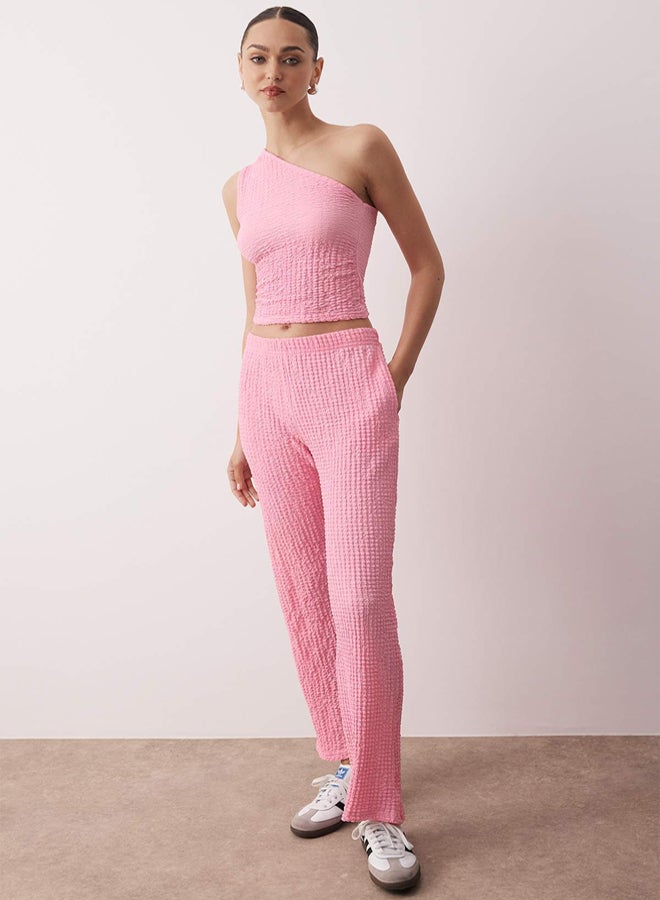 trendyol Pink Textured Seersucker Asymmetric Single Sleeve Stretch Knitted Bottom - Top Set - Image 2