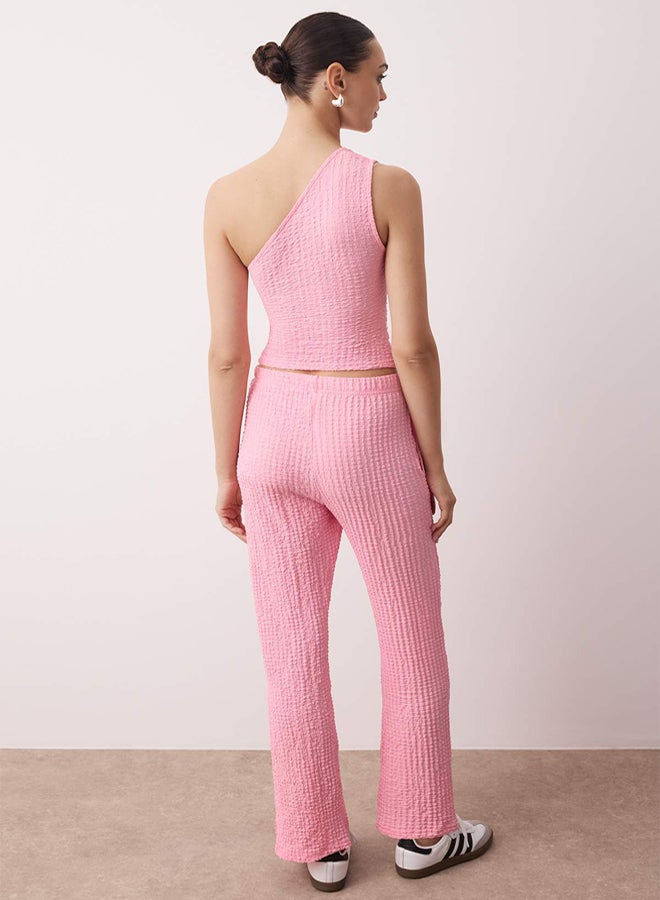 trendyol Pink Textured Seersucker Asymmetric Single Sleeve Stretch Knitted Bottom - Top Set - Image 4