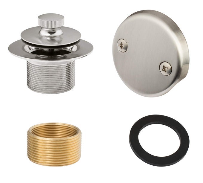 LIFT TURN TUB TRIM SET WITH TWOHOLE OVERFLOW FACEPLATE ALL BRASS BATHTUB CONVERSION KIT ASSEMBLY WITH 2HOLE OVERFLOW FACE PLATE AND UNIVERSAL FINECOARSE THREAD BRUSHED NICKEL
