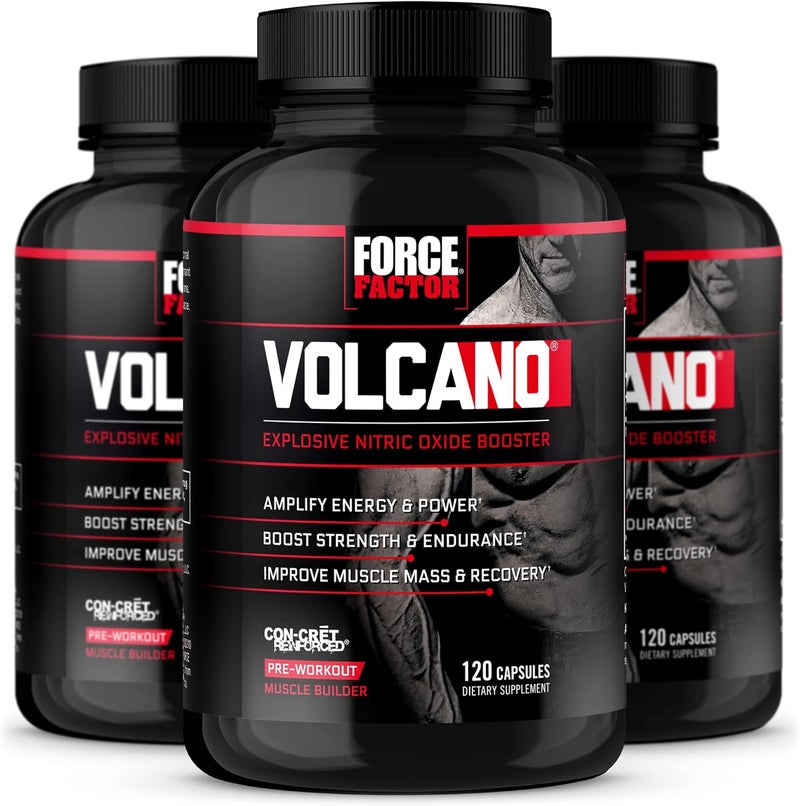 FORCE FACTOR Volcano Pre Workout Nitric Oxide Booster Supplement for Men with Creatine and LCitrulline to Help Boost Nitric Oxide Energy Build Muscle  Improve Blood Flow 120 CountPack of 3 - Image 1