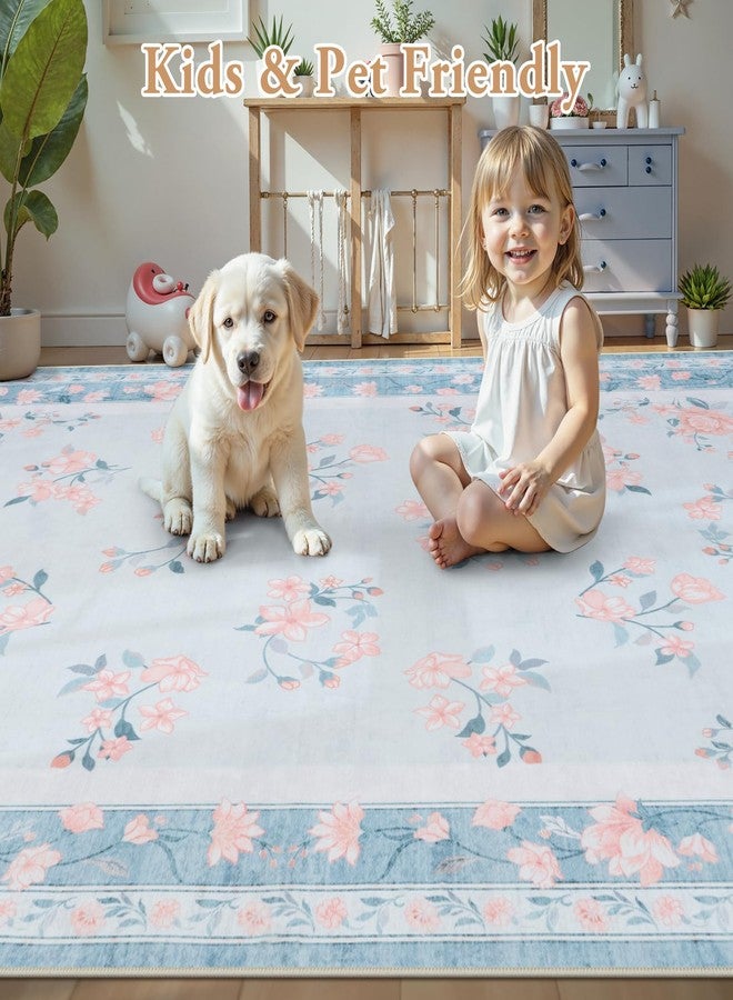LIVEBOX Washable Area Rug 5x7 - French Country Living Room Rug Non-Slip Nursery Rugs for Bedroom, Low-Pile Carpet Floral Print Rugs for Dining Room Office Hall, Light Blue - Image 5