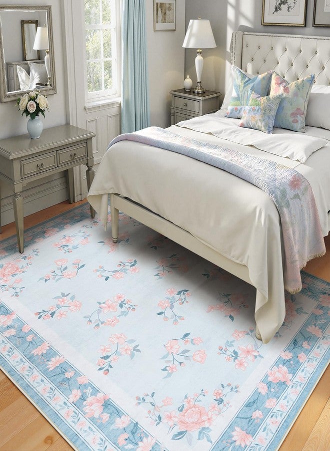 LIVEBOX Washable Area Rug 5x7 - French Country Living Room Rug Non-Slip Nursery Rugs for Bedroom, Low-Pile Carpet Floral Print Rugs for Dining Room Office Hall, Light Blue - Image 2