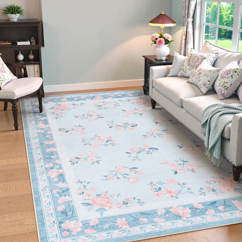 LIVEBOX Washable Area Rug 5x7 - French Country Living Room Rug Non-Slip Nursery Rugs for Bedroom, Low-Pile Carpet Floral Print Rugs for Dining Room Office Hall, Light Blue - Image 1