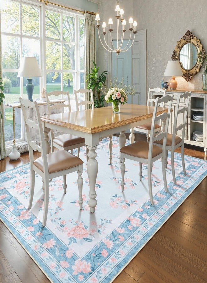 LIVEBOX Washable Area Rug 5x7 - French Country Living Room Rug Non-Slip Nursery Rugs for Bedroom, Low-Pile Carpet Floral Print Rugs for Dining Room Office Hall, Light Blue - Image 3