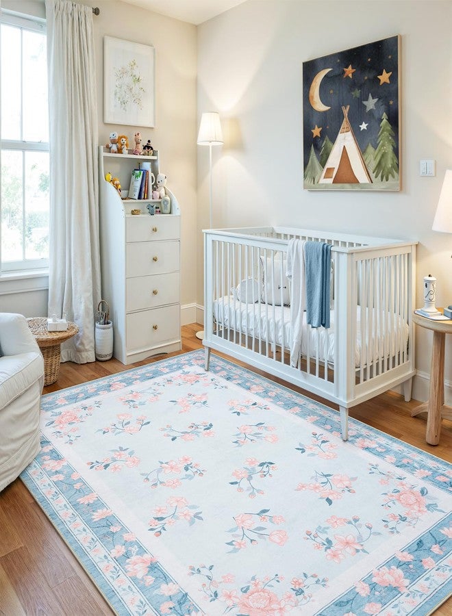LIVEBOX Washable Area Rug 5x7 - French Country Living Room Rug Non-Slip Nursery Rugs for Bedroom, Low-Pile Carpet Floral Print Rugs for Dining Room Office Hall, Light Blue - Image 4