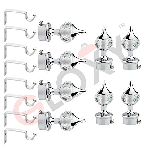 GLOXY ENTERPRISE Aluminum Single Diamond Curtain Brackets Parda Holders with Support Fittings 1 Inch Rod Pocket Finials Designer Door and Window (Silver 4 Pair) - Image 1