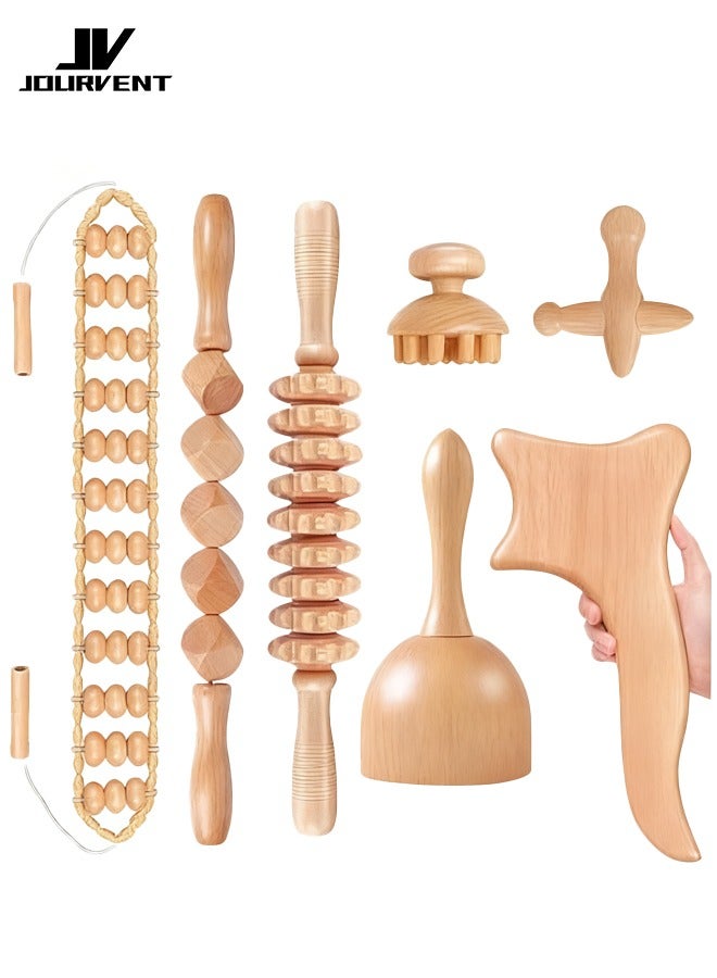 Jourvent 7-in-1 Wood Therapy Massage Tools Massager Wooden Massager for Body Shaping Massage Tool Set Wood Therapy Tools for Relieving Muscle Pain Body Lymphatic Drainage Massager - Image 1