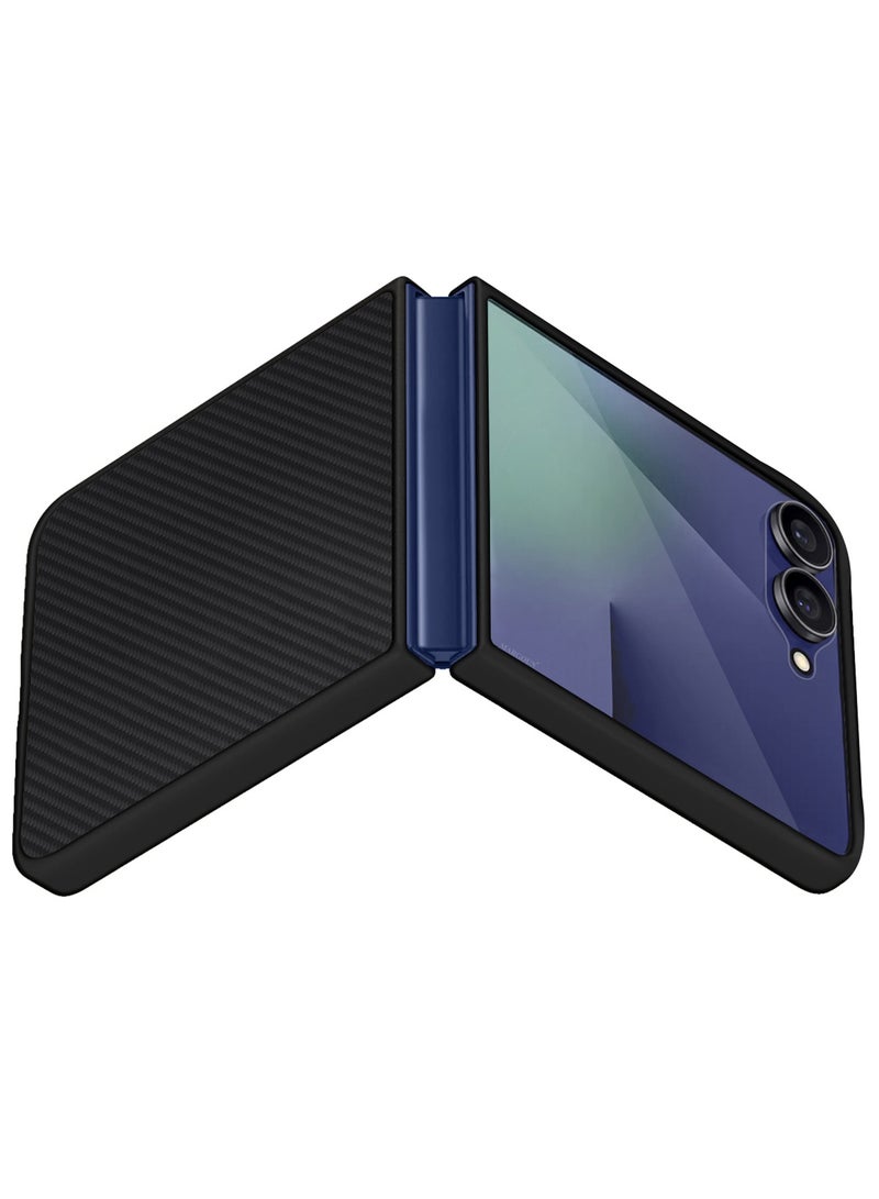 Kevlar Case for Samsung Galaxy Z Flip 7 - Ultra Thin and Light Carbon Fiber Texture Printing - Slim Anti-Scratch Phone Cover With Front Built-in Screen Protector - Black - Image 5