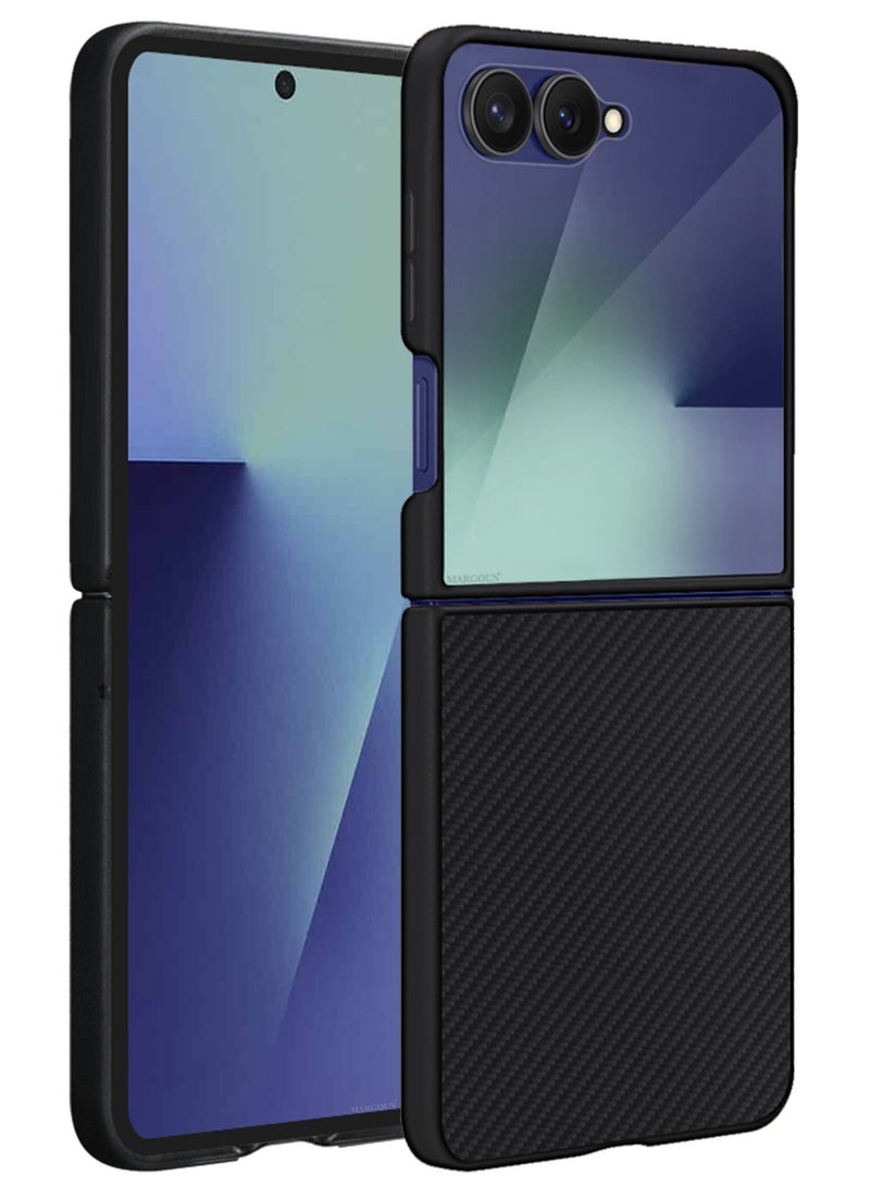 Kevlar Case for Samsung Galaxy Z Flip 7 - Ultra Thin and Light Carbon Fiber Texture Printing - Slim Anti-Scratch Phone Cover With Front Built-in Screen Protector - Black - Image 2