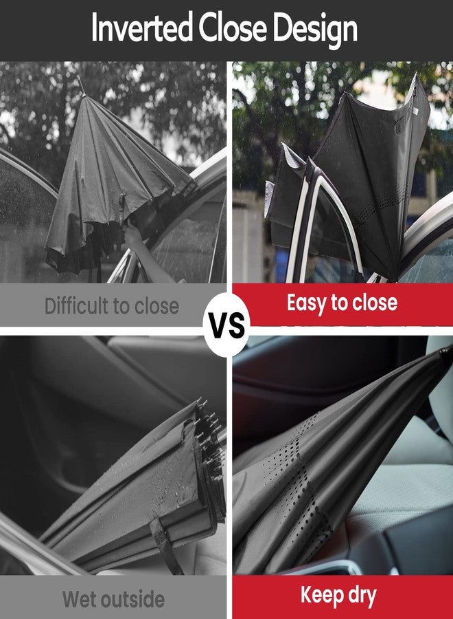 جي4فري مظلة G4Free كبيرة الحجم مقاس 62 بوصة قابلة للطي مع مقبض على شكل حرف C، مقاومة للرياح، قابلة للطي رأساً على عقب، مناسبة للمطر وللرجال والنساء (أسود) - Image 2