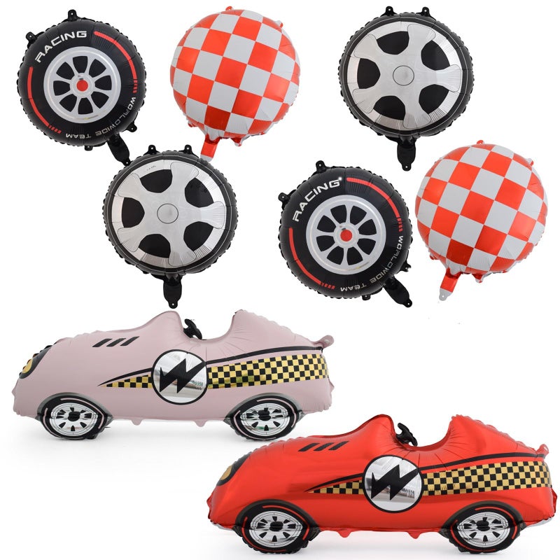 MANGO Race Car Balloons Balloon Red and White Checkered Black Wheel for Racing Theme Birthday Party Decorations - Image 2
