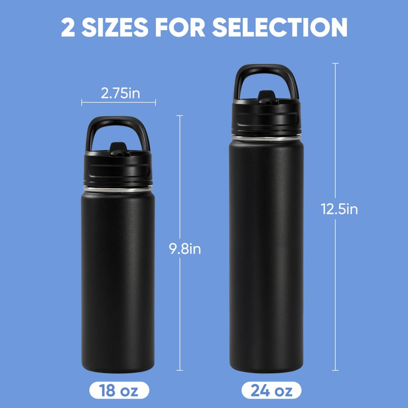 Fijinhom 18oz Insulated Stainless Steel Water Bottle with Straws, Double Wall Vacuum Insulated Bottles, Metal Thermo for Travel, Sports, Leak-Proof, BPA Free, Women & Men, Black - Image 2